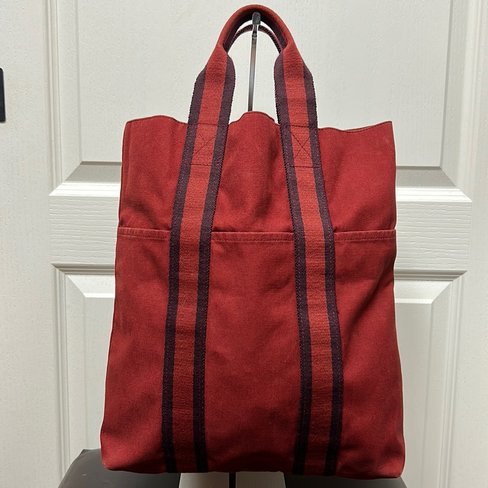 Hermes Fourre Tout Cabas Canvas Vertical Tote Maroon Purple